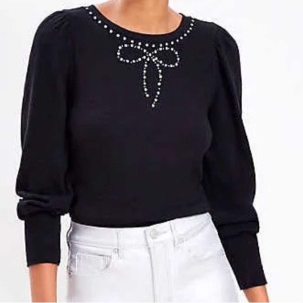 Loft Women's Sparkle Bow Cozy Puff Sleeve Sweatshirt size XS